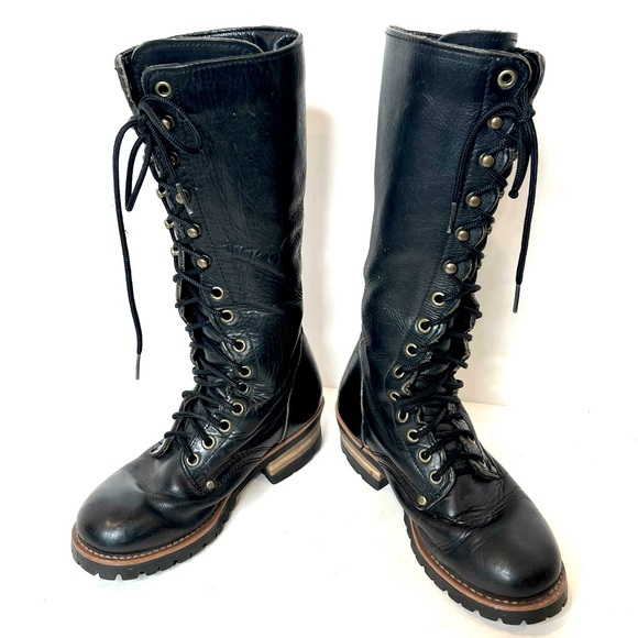 Skechers Tall Boots Genuine Leather Lace Up Platform Moto Combat Biker Size 6 - Picture 1 of 15